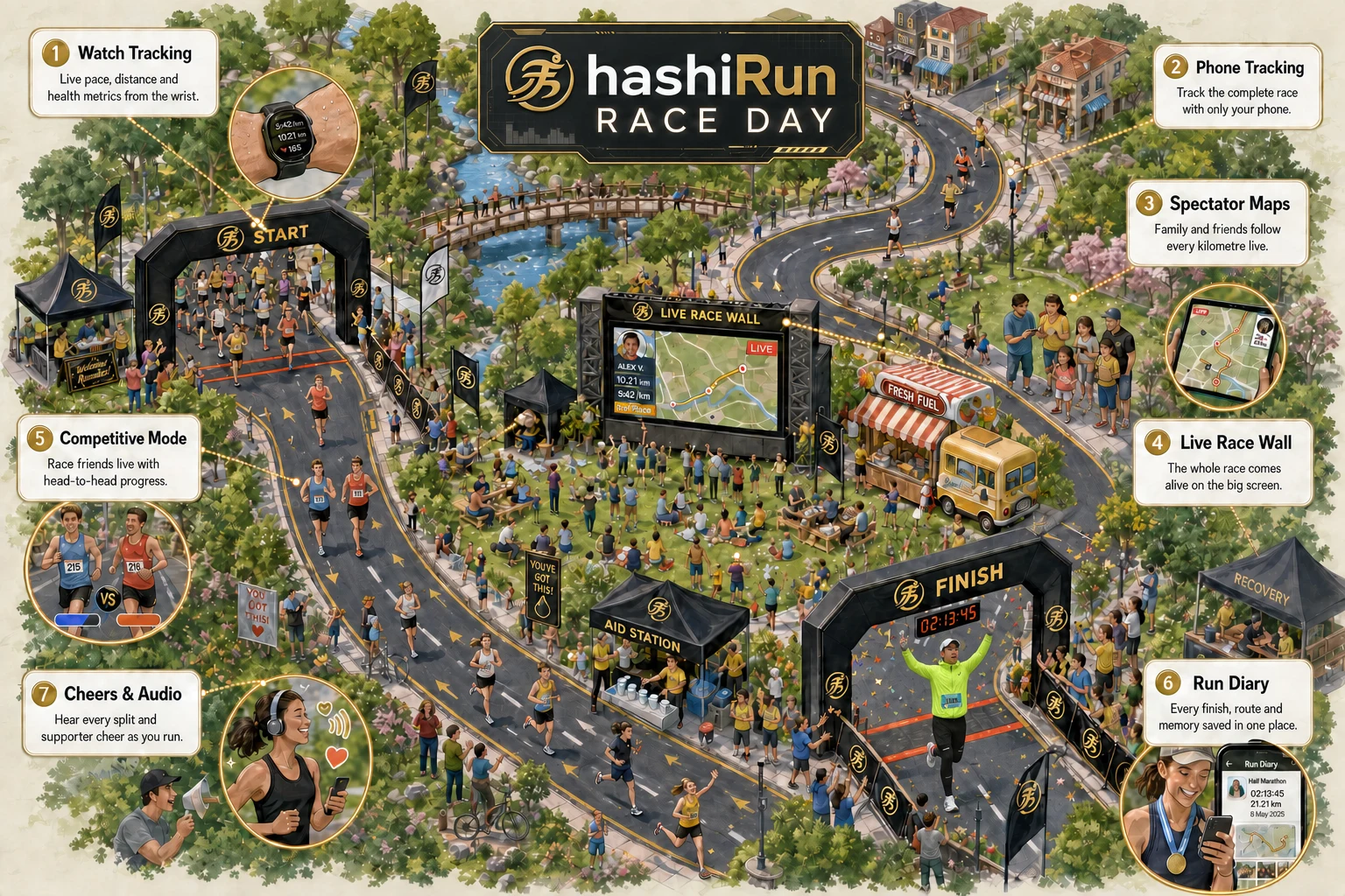 Illustrated hashiRun Race Day map showing watch and phone tracking, spectator maps, Live Race Wall, competitive mode, Run Diary, cheers, and audio