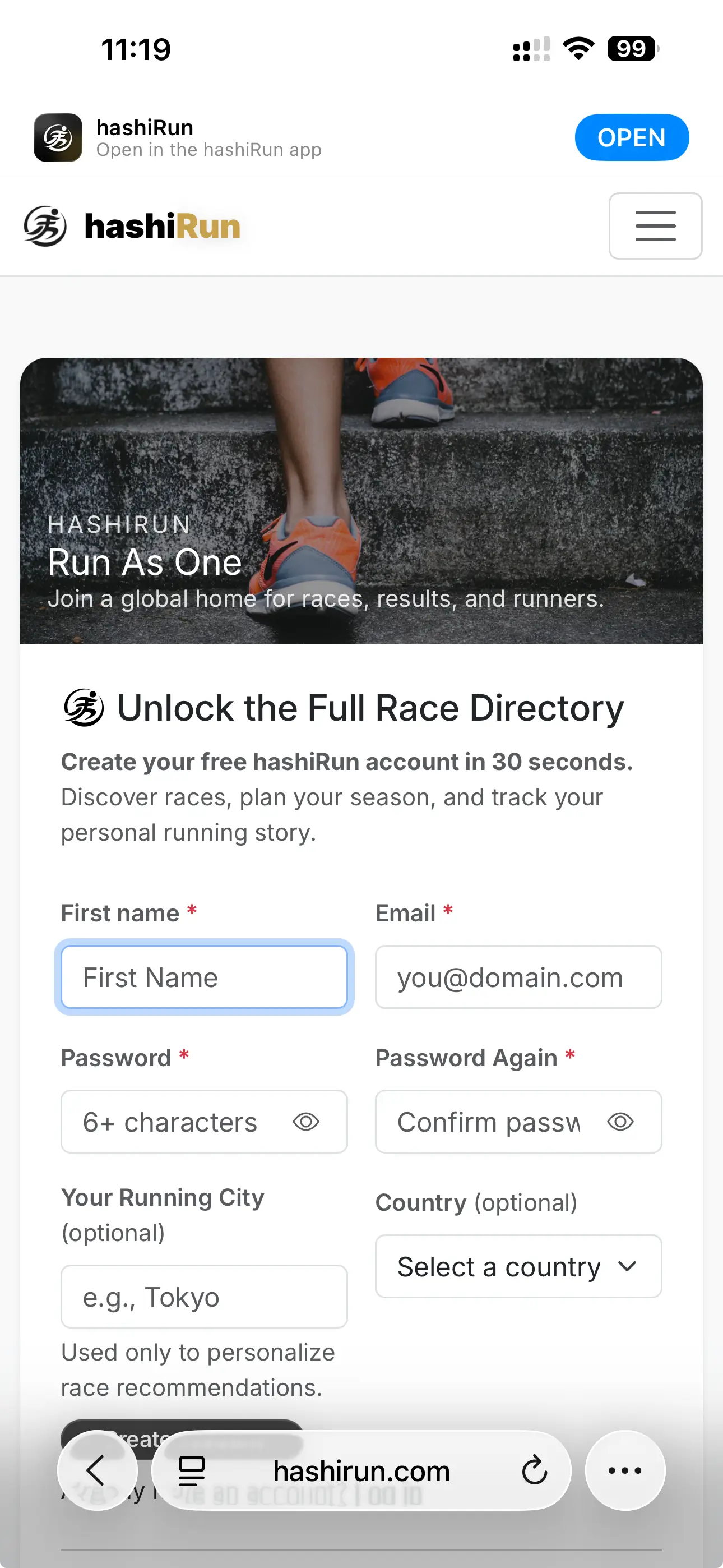 Create a hashiRun account